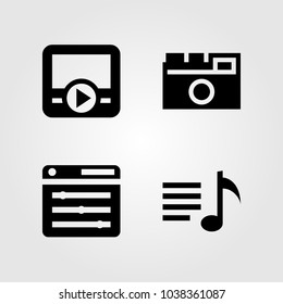 Multimedia icons set. Vector illustration browser, playlist, photo camera and movie player