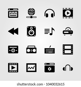 Multimedia icons set. Vector illustration headphones, playlist, music player and film roll