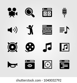 Multimedia icons set. Vector illustration man, playlist, musical note and browser