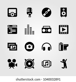 Multimedia icons set. Vector illustration sound bars, photo camera, music player and boombox