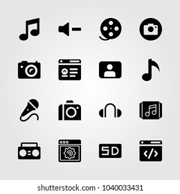 Multimedia icons set. Vector illustration mic, photo camera, musical note and user