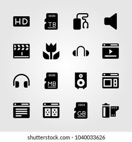 Multimedia icons set. Vector illustration mute, film roll, headphones and sd card