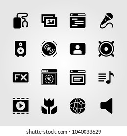 Multimedia icons set. Vector illustration picture, speaker, mic and microphone