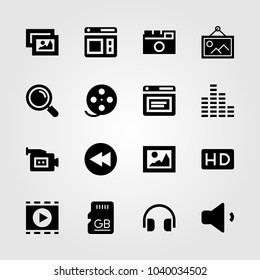 Multimedia icons set. Vector illustration volume, hd, headphones and video camera