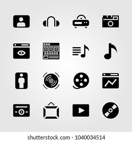 Multimedia icons set. Vector illustration photo camera, playlist, music player and man