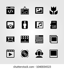 Multimedia icons set. Vector illustration compact disk, macro, browser and picture