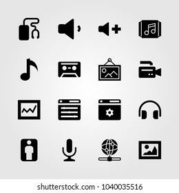 Multimedia icons set. Vector illustration picture, man, headphones and internet