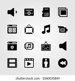 Multimedia icons set. Vector illustration film roll, browser, frame and memory