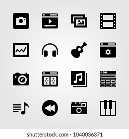 Multimedia icons set. Vector illustration rewind, film roll, picture and photo camera