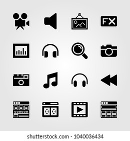 Multimedia icons set. Vector illustration browser, rewind, musical note and loupe