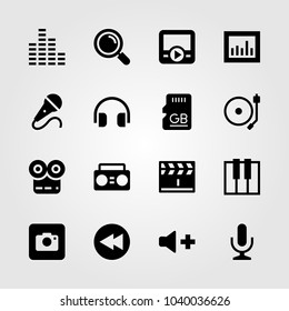 Multimedia icons set. Vector illustration loupe, microphone, mic and movie player