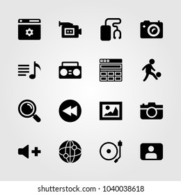 Multimedia icons set. Vector illustration picture, user, turntable and video camera