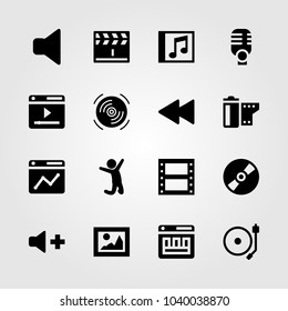 Multimedia icons set. Vector illustration browser, rewind, volume and compact disc