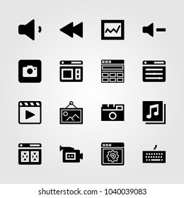 Multimedia icons set. Vector illustration video camera, browser, movie player and keyboard