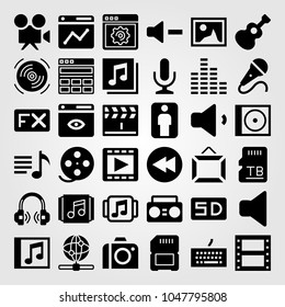 Multimedia icons set. Vector illustration picture, web, clapperboard and boombox