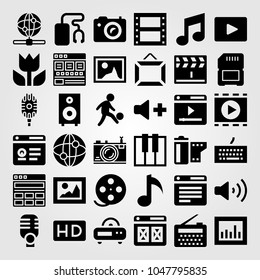 Multimedia icons set. Vector illustration football player, keyboard, speaker and analytics