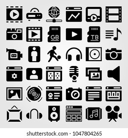 Multimedia icons set. Vector illustration mute, video camera, compact disk and web