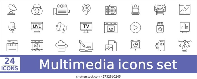 Multimedia icons set with video, audio, image, animation, camera, microphone, screen, media player,