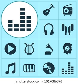 Multimedia icons set with vinyl, gramophone, play and other meloman elements. Isolated vector illustration multimedia icons.