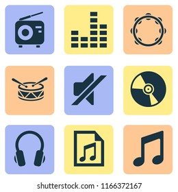 Multimedia icons set with vinyl, headphone, mixer and other timbrel elements. Isolated vector illustration multimedia icons.