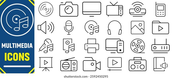 Multimedia icons set. set multimedia icons for websites apps digital projects, interface button collection symbol. Set of electronics device icons. Set of modern digital technology icons. 