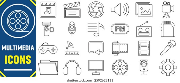 Multimedia icons set. set multimedia icons for websites apps digital projects, interface button collection symbol. Set of electronics device icons. Set of modern digital technology icons.