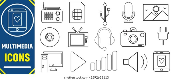 Multimedia icons set. set multimedia icons for websites apps digital projects, interface button collection symbol. Set of electronics device icons. Set of modern digital technology icons.