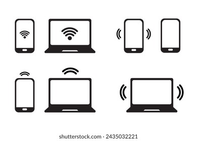 Conjunto De Iconos Multimedia, Conexión Wifi En Dispositivos Móviles - Ilustraciones Vectoriales Aisladas Sobre Fondo Blanco