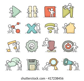 Iconos multimedia establecidos con gente trabajadora. Doodle adorables escenas miniatura de trabajadores con botones. Dibujo manual de ilustración vectorial para botones de medios.