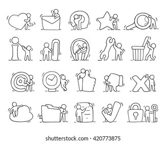 Multimedia icons set with working little people. Doodle cute miniature scenes of workers with buttons. Hand drawn cartoon vector illustration for phone buttons.