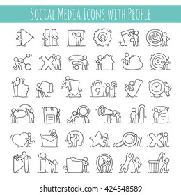 Multimedia icons set with working little people. Doodle cute miniature scenes of workers with buttons. Hand drawn cartoon vector illustration for phone buttons.