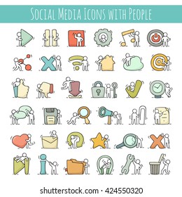 Multimedia icons set with working little people. Doodle cute miniature scenes of workers with buttons. Hand drawn cartoon vector illustration for phone buttons.