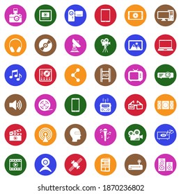 Multimedia Icons. White Flat Collection In Circle. Vector Illustration.