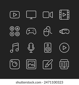 Multimedia icons, white on black background. Symbols for video, games, music, graphics, text. Digital content. Customizable line thickness