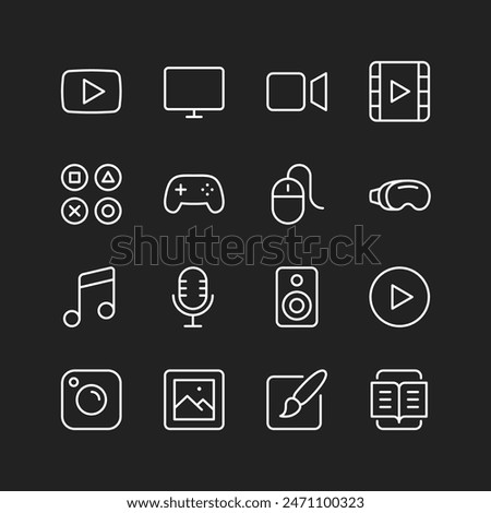 Multimedia icons, white on black background. Symbols for video, games, music, graphics, text. Digital content. Customizable line thickness