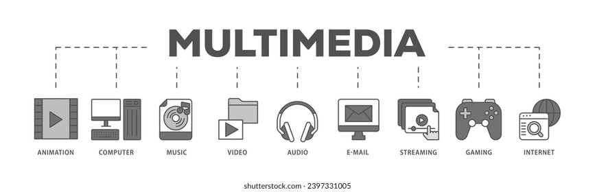 Multimedia infographic icon flow process which consists of e mail, video, audio, internet, streaming, gaming, music, computer, animation icon live stroke and easy to edit