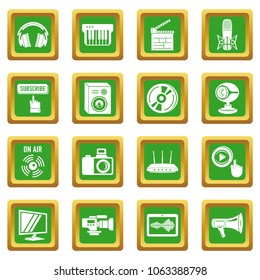 Multimedia internet icons set vector green square isolated on white background 