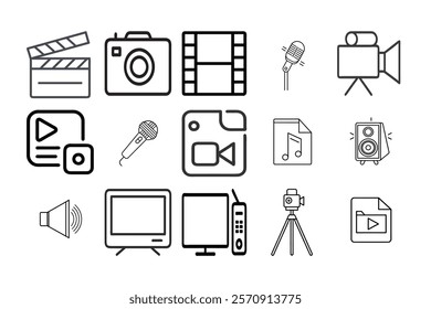 Multimedia line art icon set  vector on white background