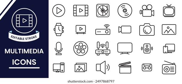 Editierbare Symbole für Multimedia-Zeilen, Vektorsatz. Multimediasymbole eingestellt. Symbolsatz für elektronische Geräte. Satz von Symbolen für moderne Digitaltechnologie. Technologie editierbares Liniensymbol für Website, App, Logo. 