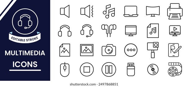 Multimedia Line Editable Icons, vector set. Multimedia icons set. Set of electronics device icons. Set of modern digital technology icons. Technology editable line icon for website, app, logo. 