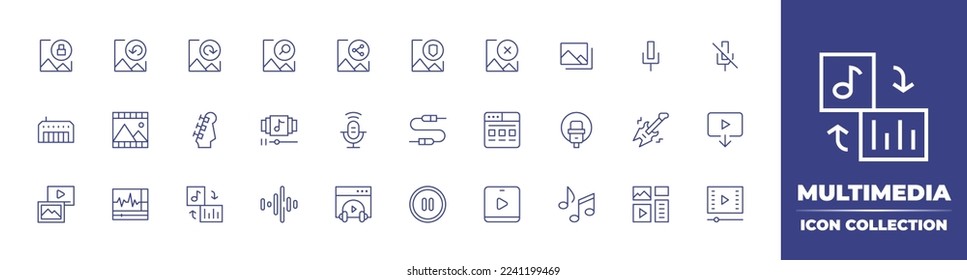 Multimedia line icon collection. Editable stroke. Vector illustration. Containing lock, undo, redo, search, share, shield, time, images, microphone, no, keyboard, film, guitar, playlist, podcast.