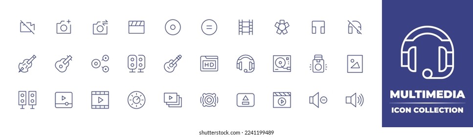 Multimedia line icon collection. Editable stroke. Vector illustration. Containing no video, camera plus, camera change, clapper board, compact disc, equal circle, film, flower, headphone, no headphone