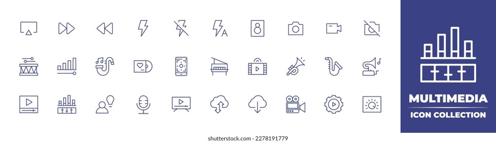 Multimedia line icon collection. Editable stroke. Vector illustration. Containing airplay, forward, backward, flash, no flash, auto flash, boombox, camera, video, no camera, drum, volume, jazz.