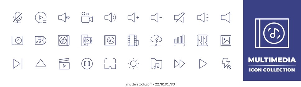 Multimedia line icon collection. Editable stroke. Vector illustration. Containing microphone off, video gallery, volume off, movie, sound, volume up, volume down, mute, cd, vinyl.