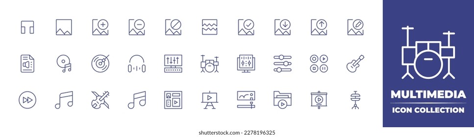 Multimedia line icon collection. Editable stroke. Vector illustration. Containing headphone, image, image plus, minus, block, broken, image check, download, image upload.