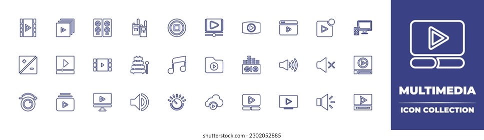 Colección de iconos de línea multimedia. Trazo editable. Ilustración vectorial. Contiene reproductor de vídeo, duplicado, altavoz, controles multimedia, parada, reproductor, multimedia, opción, música.