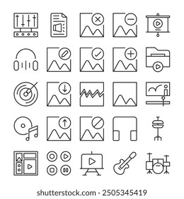 Colección de icono de línea multimedia. Trazo editable. Ilustración vectorial. Contiene auriculares, Imagen, Imagen más, menos, bloque, roto, comprobación de Imagen, Descarga