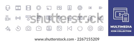 Multimedia line icon collection. Editable stroke. Vector illustration. Containing headphones, mic, movie, Multimedia, record, audio, rss, interface, scenery, selfie, shutter, skip, forward, live.
