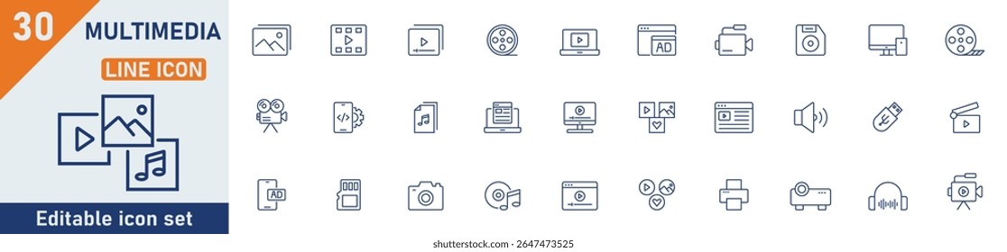 Multimedia line icon set. Set of 30 outline icons related to multimedia, video, image, audio, editing, animation, graphic and others. Editable stroke. Vector illustration.