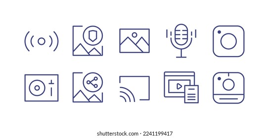Multimedia line icon set. Editable stroke. Vector illustration. Containing radio, image shield, scenery, audio, instant camera, audio mixer, image share, rss interface, video tutorial.